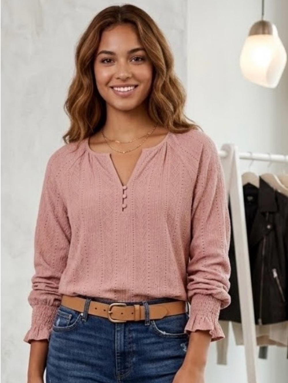 Frye Dusty Pink Textured Blouse with Button Detail & Ruffled Sleeve Size S